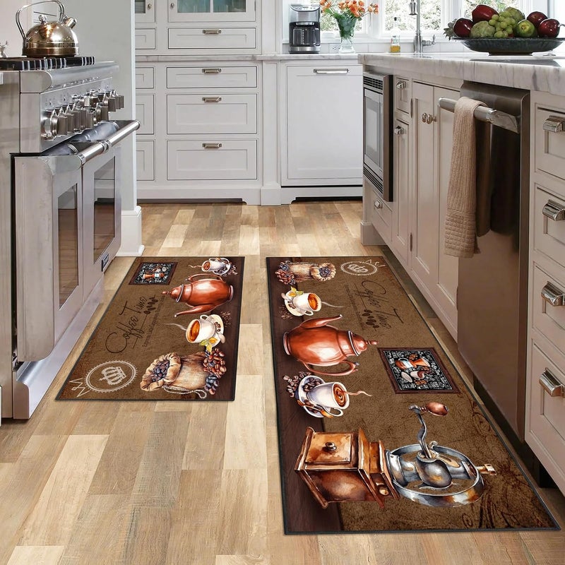 UYDOXCU Brown Coffee Kitchen Rug 2 Piece Set, Vintage Farmhouse Decor Kitchen Floor Mat, Non-Slip Absorbent and Washable Home Decoration Carpet 17 * 30+17 * 47 Inches - Image 3